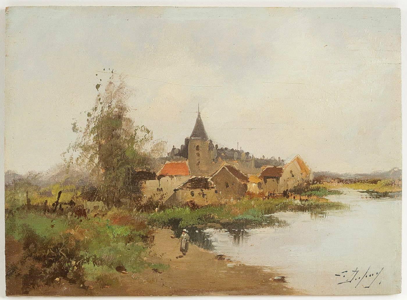 French Leon Dupuy (Galien Laloue) Waterfront Village, Barbizon School, circa 1874-1884