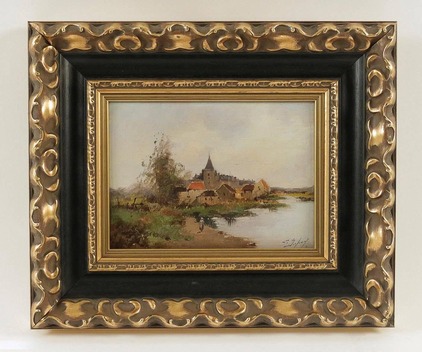 Leon Dupuy (Galien Laloue) Waterfront Village, Barbizon School, circa 1874-1884 2