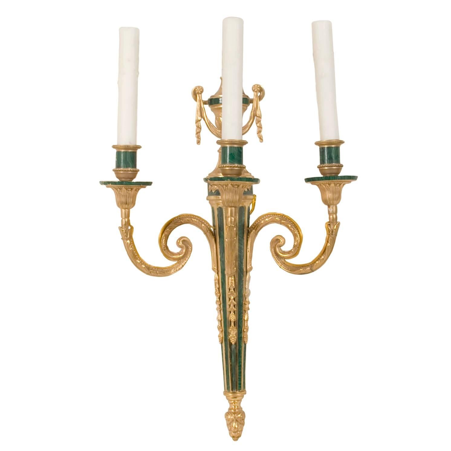 20th Cent., Louis XVI Style Three-Light Gilded Bronze and faux Malachite Sconce For Sale