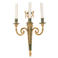 20th Cent., Louis XVI Style Three-Light Gilded Bronze and faux Malachite Sconce