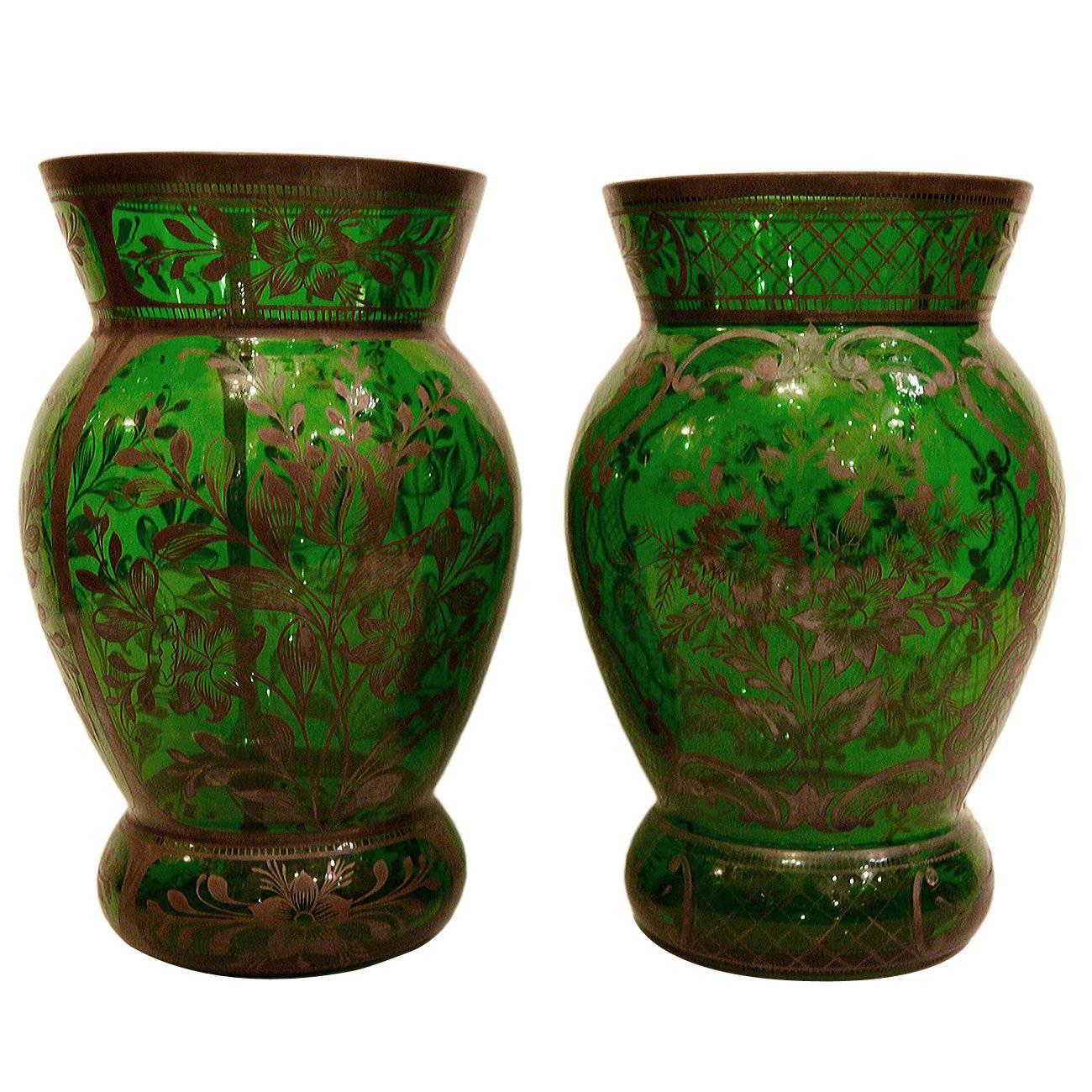 Pair of Green Glass Vases with Silver Inlay