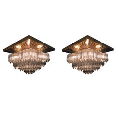 Pair of Venini Crystal Chandeliers on Gold-Plated Frames