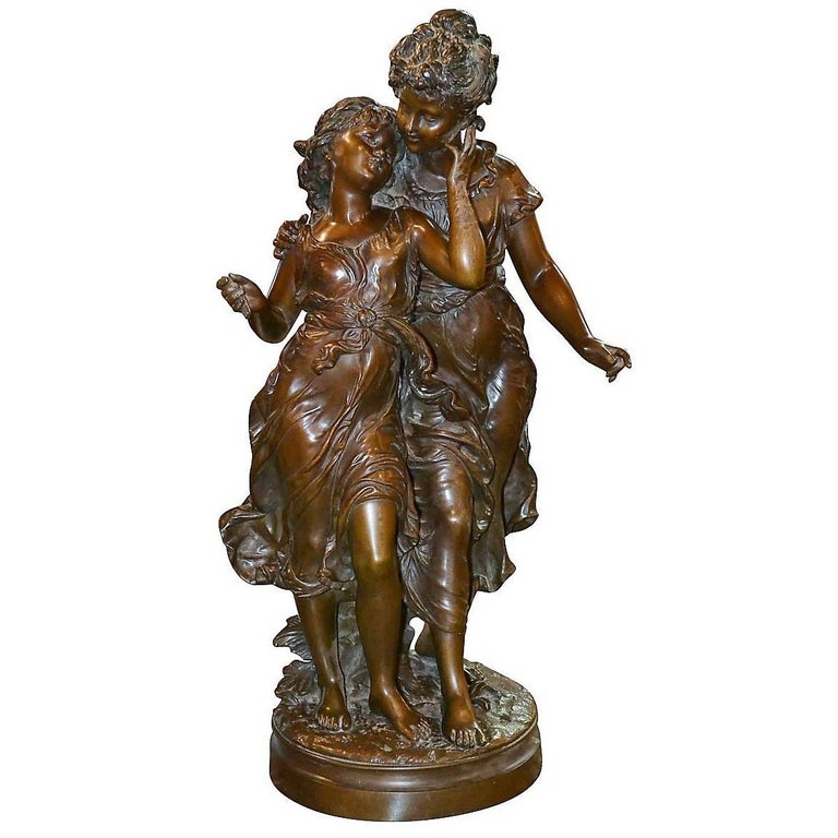 Antique French Bronze Sculpture of Two Sisters, Signed Moreau, circa