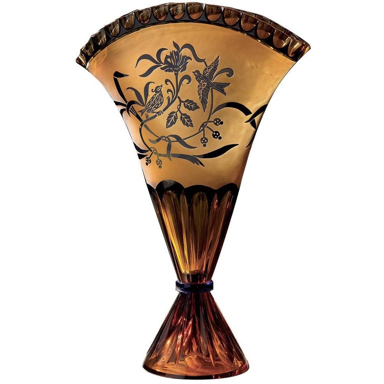 Crystal Fan Vase in Amber and Blue For Sale at 1stDibs