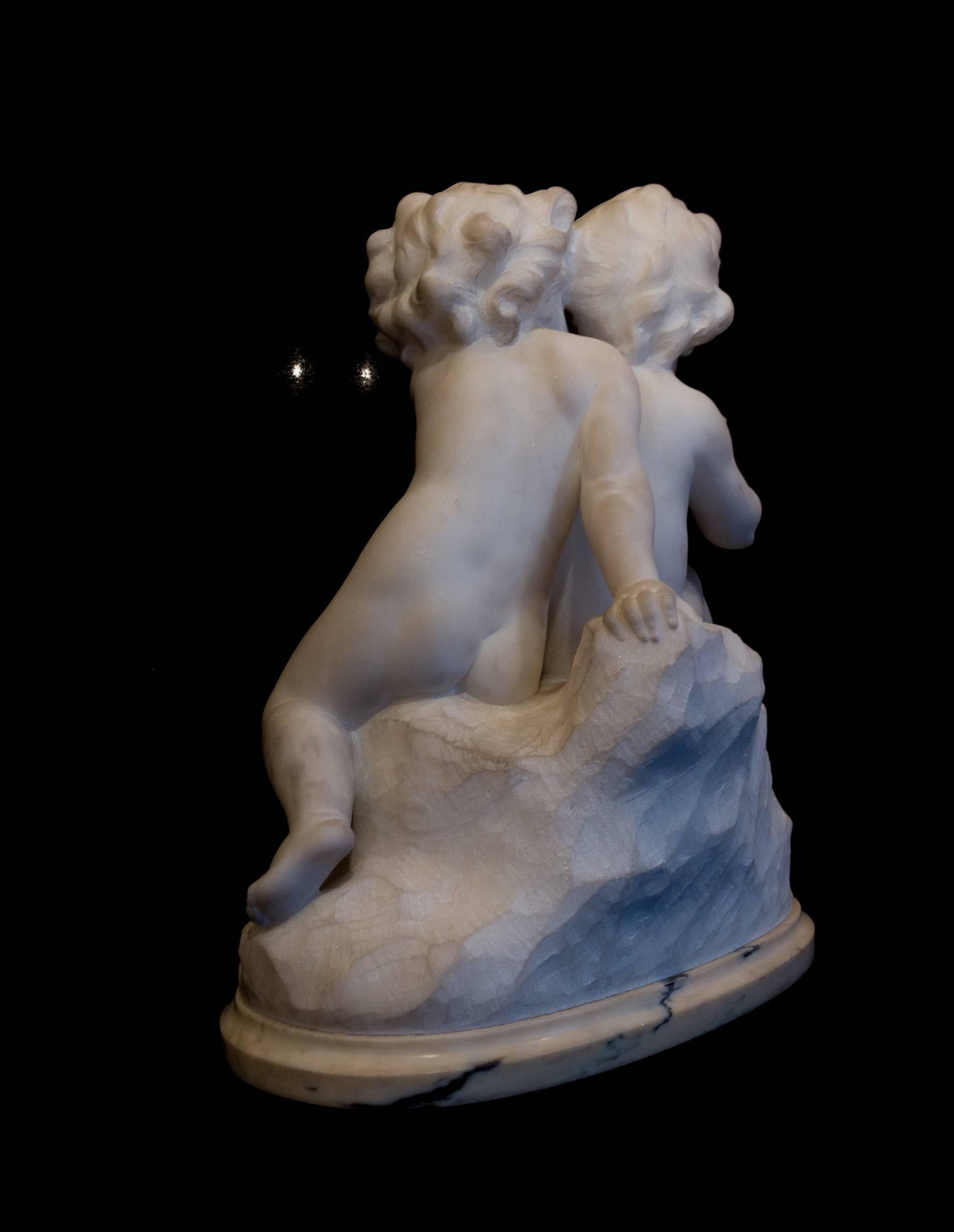 Guglielmo Pugi Carrara Marble Sculpture Two Cupids Contesting for a Heart For Sale 4