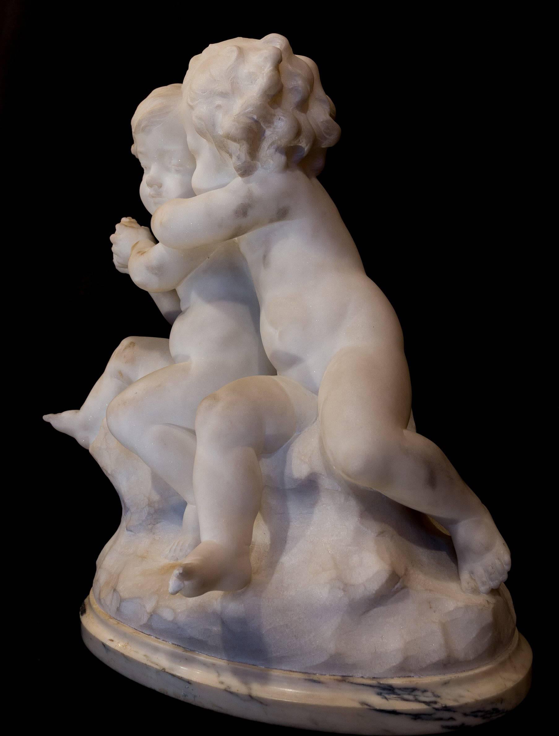 19th Century Guglielmo Pugi Carrara Marble Sculpture Two Cupids Contesting for a Heart For Sale