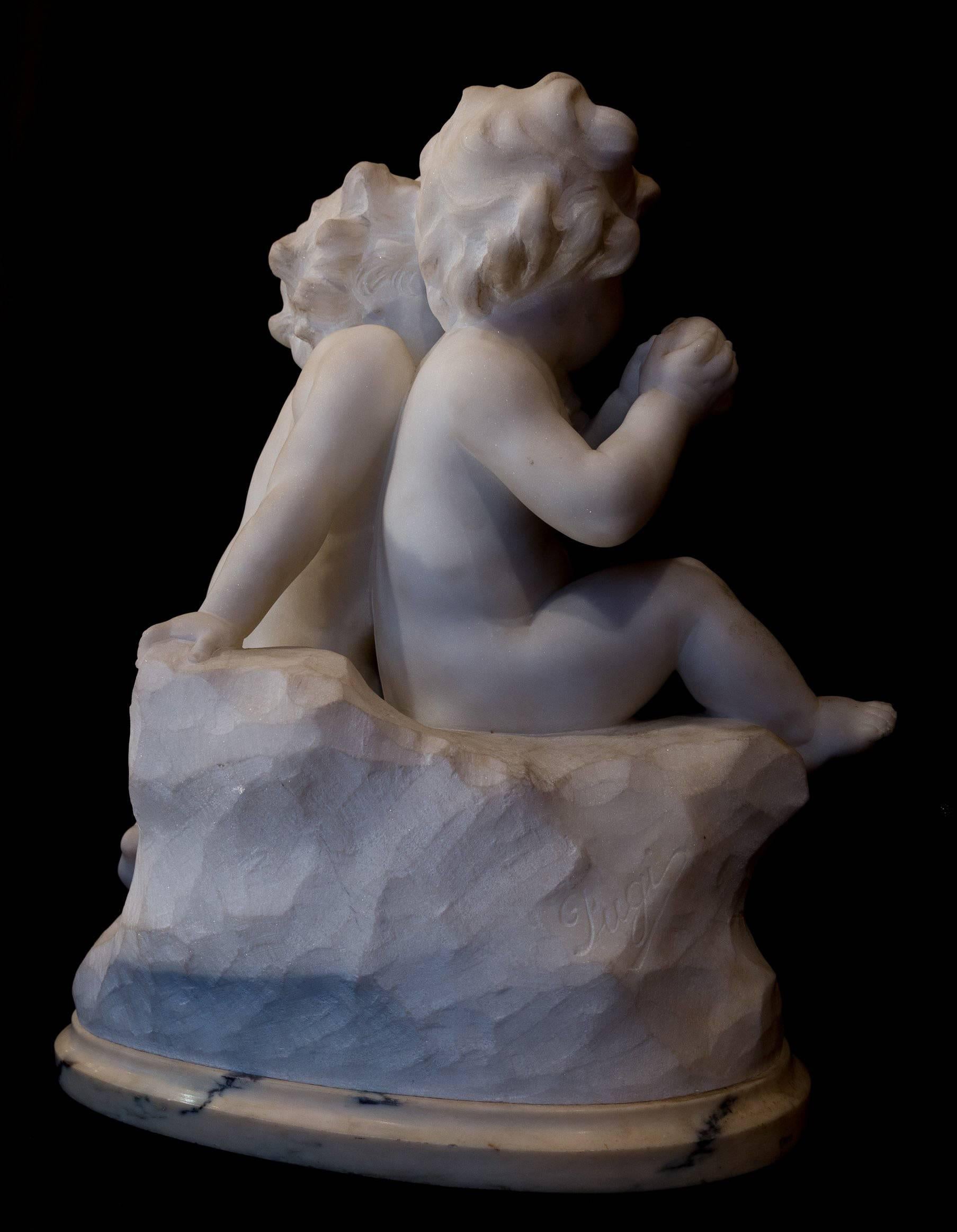 Guglielmo Pugi Carrara Marble Sculpture Two Cupids Contesting for a Heart For Sale 3