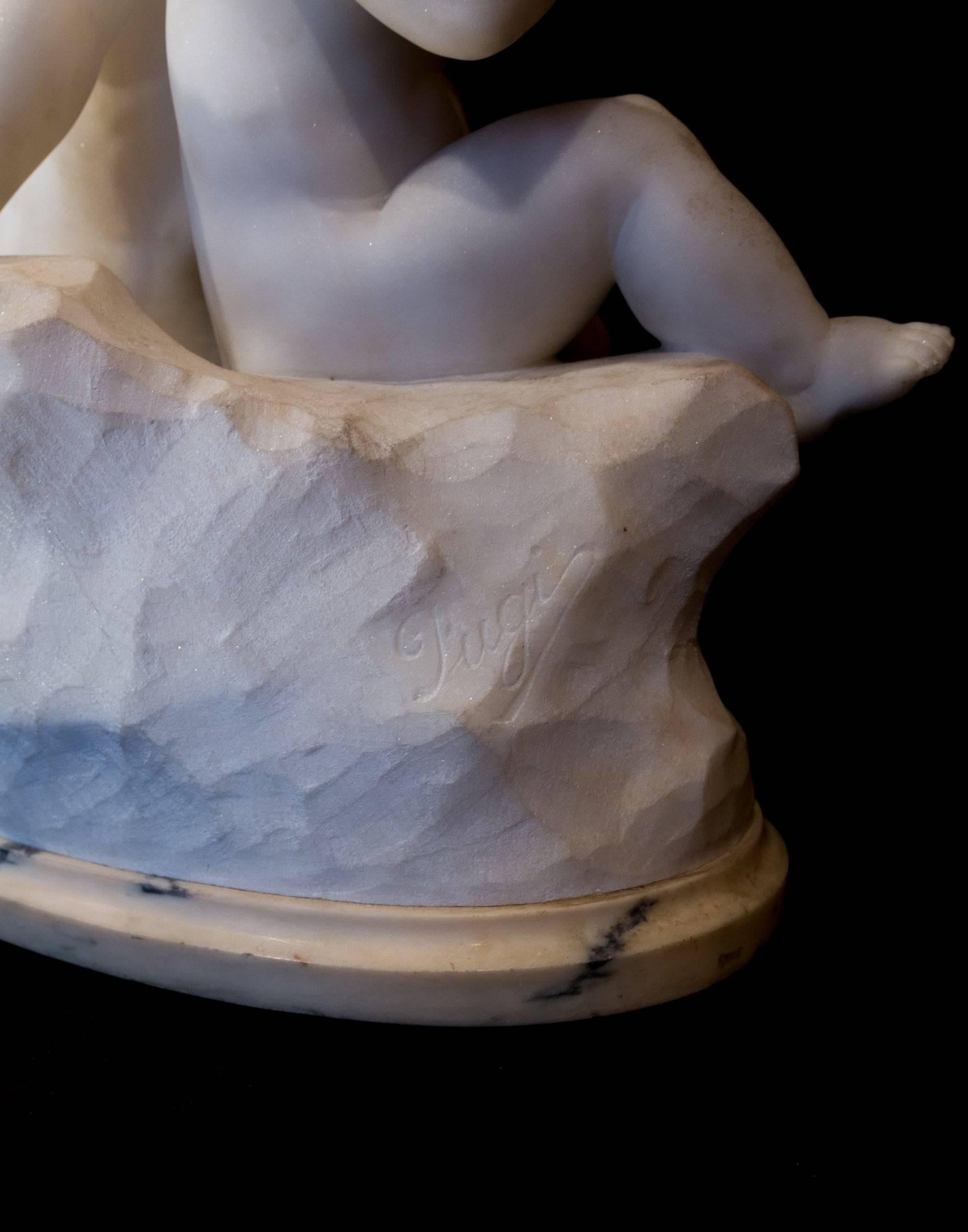 Guglielmo Pugi Carrara Marble Sculpture Two Cupids Contesting for a Heart For Sale 2