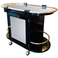 Italian Oval Trolley Bar, Black Lacquered Wood, Mirror and Copper, Italy, 1930