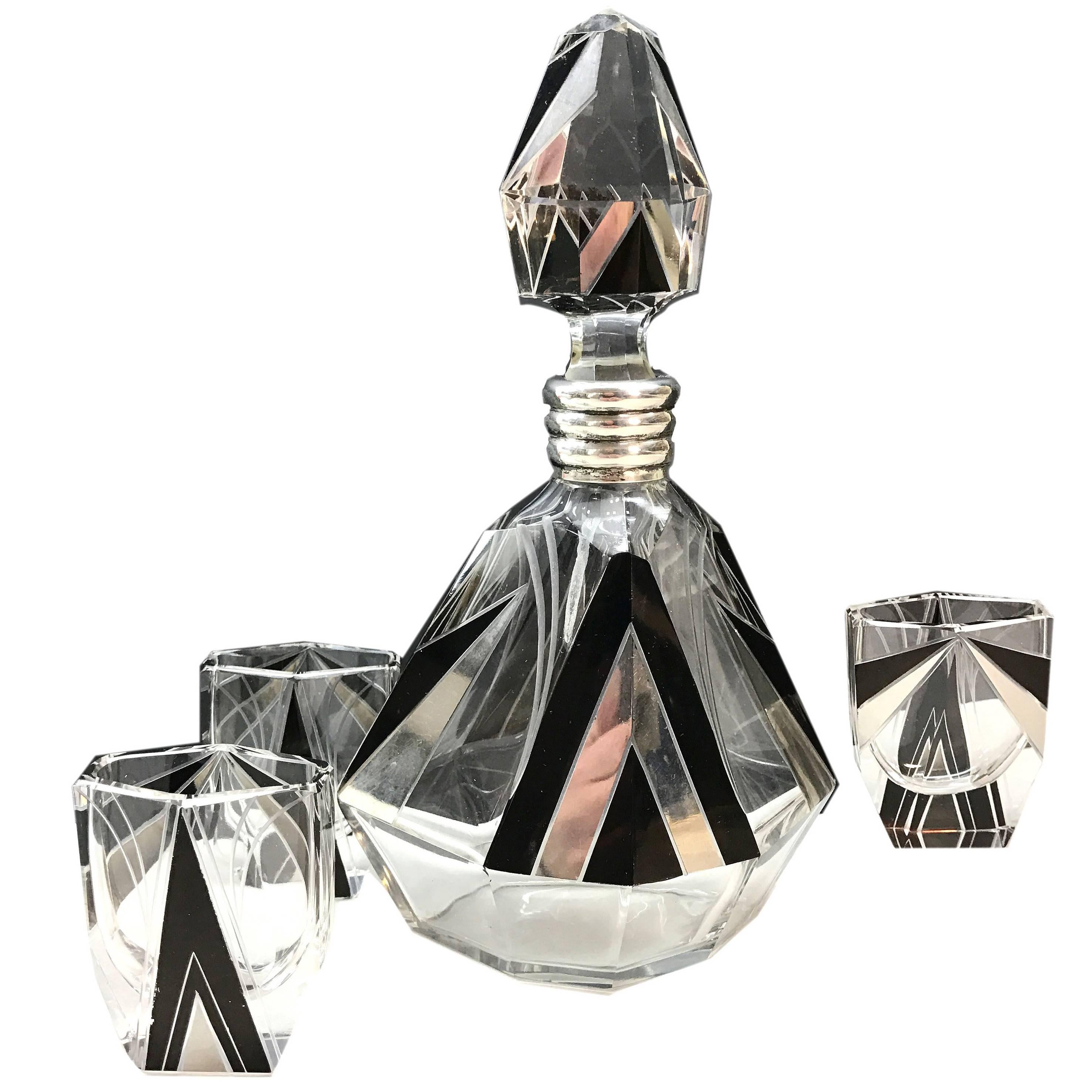 Art Deco Czech Decanter Crystal and Silver Set by Karl Palda, 1930s
