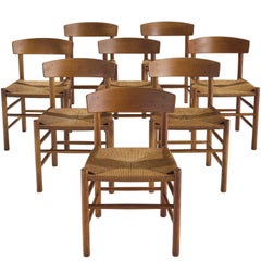 Vintage Børge Mogensen Eight Armchairs in Patinated Oak and Seagrass Seats