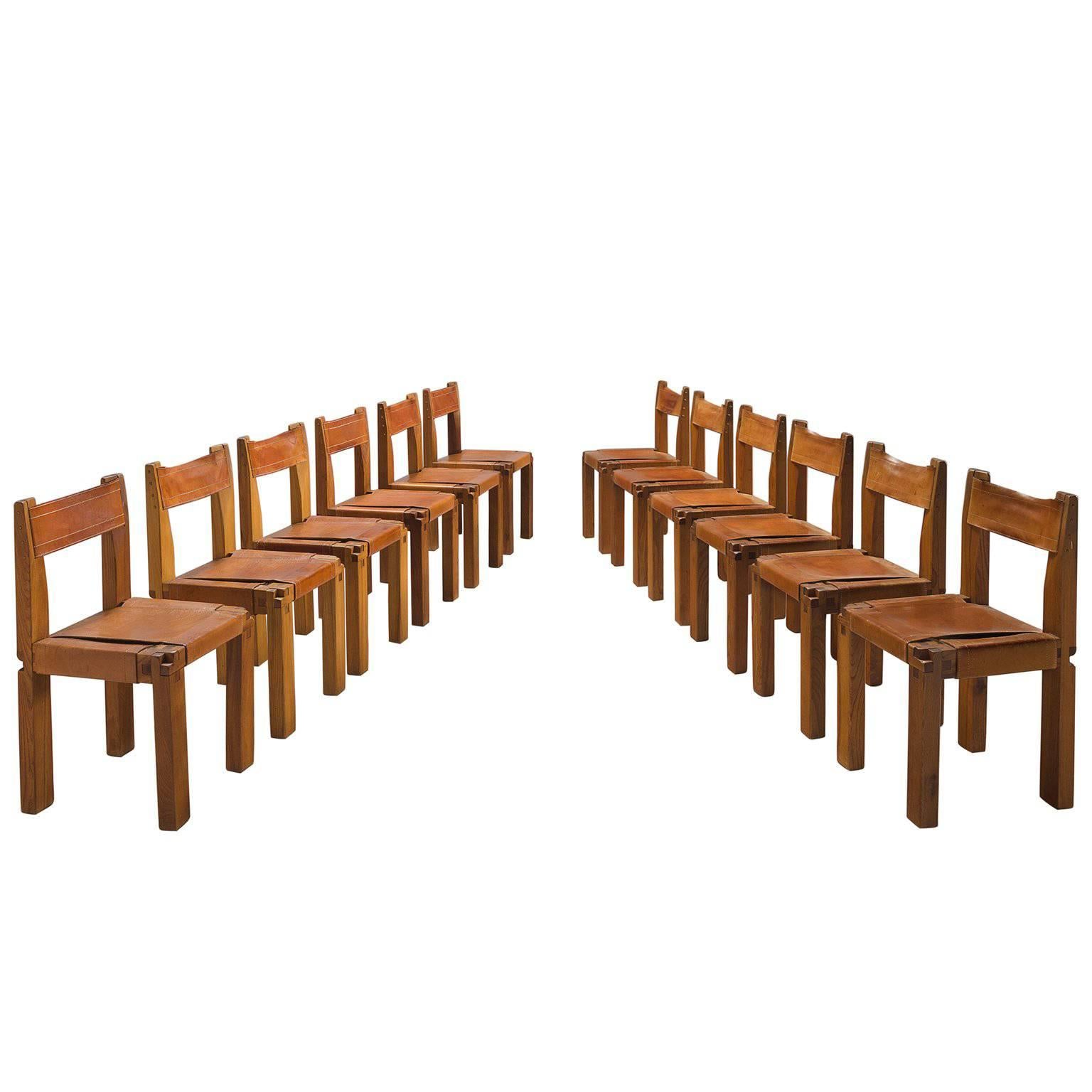 Pierre Chapo 12 Dining Chairs in Solid Elm and Cognac Leather