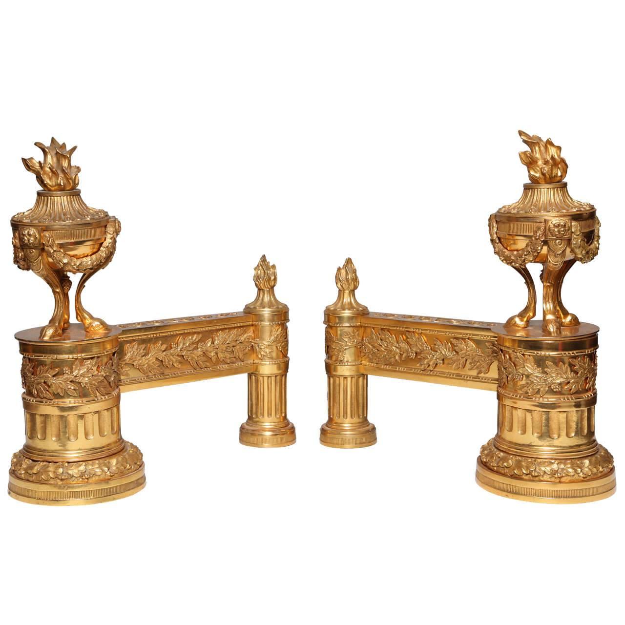 Pair of Antique French Louis XVI Style Doré Bronze Fireplace Chenets For Sale