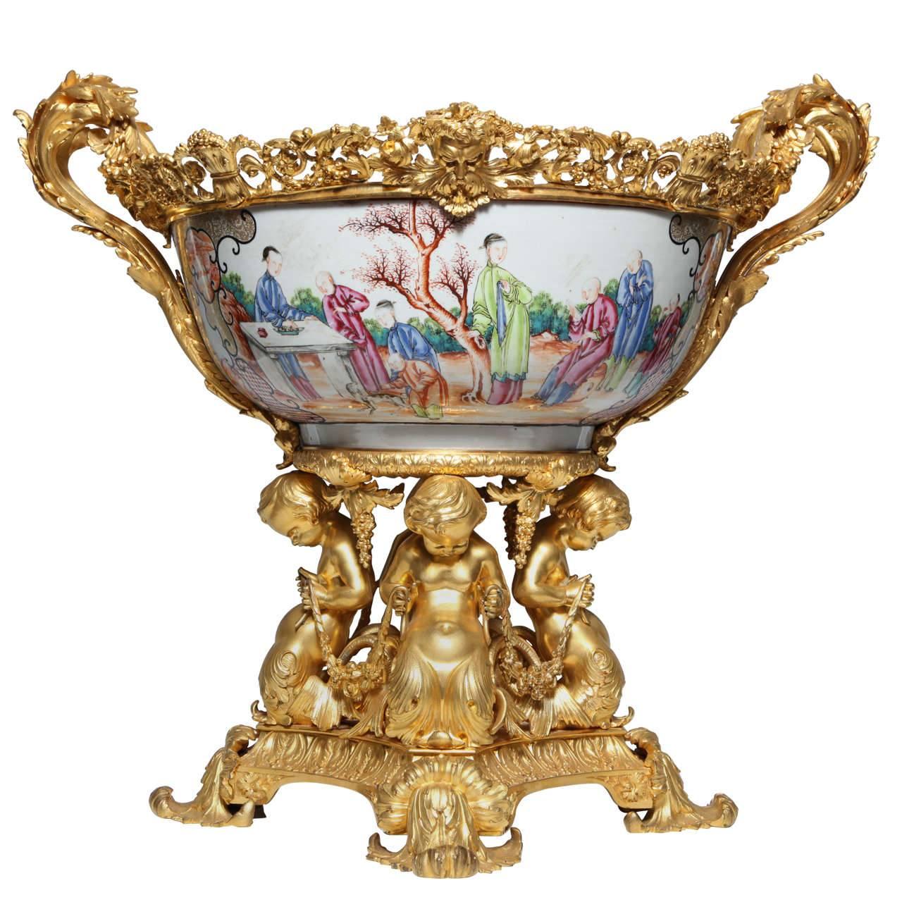 Massive Charles X Period Ormolu-Mounted Chinese Export Porcelain Centrepiece For Sale