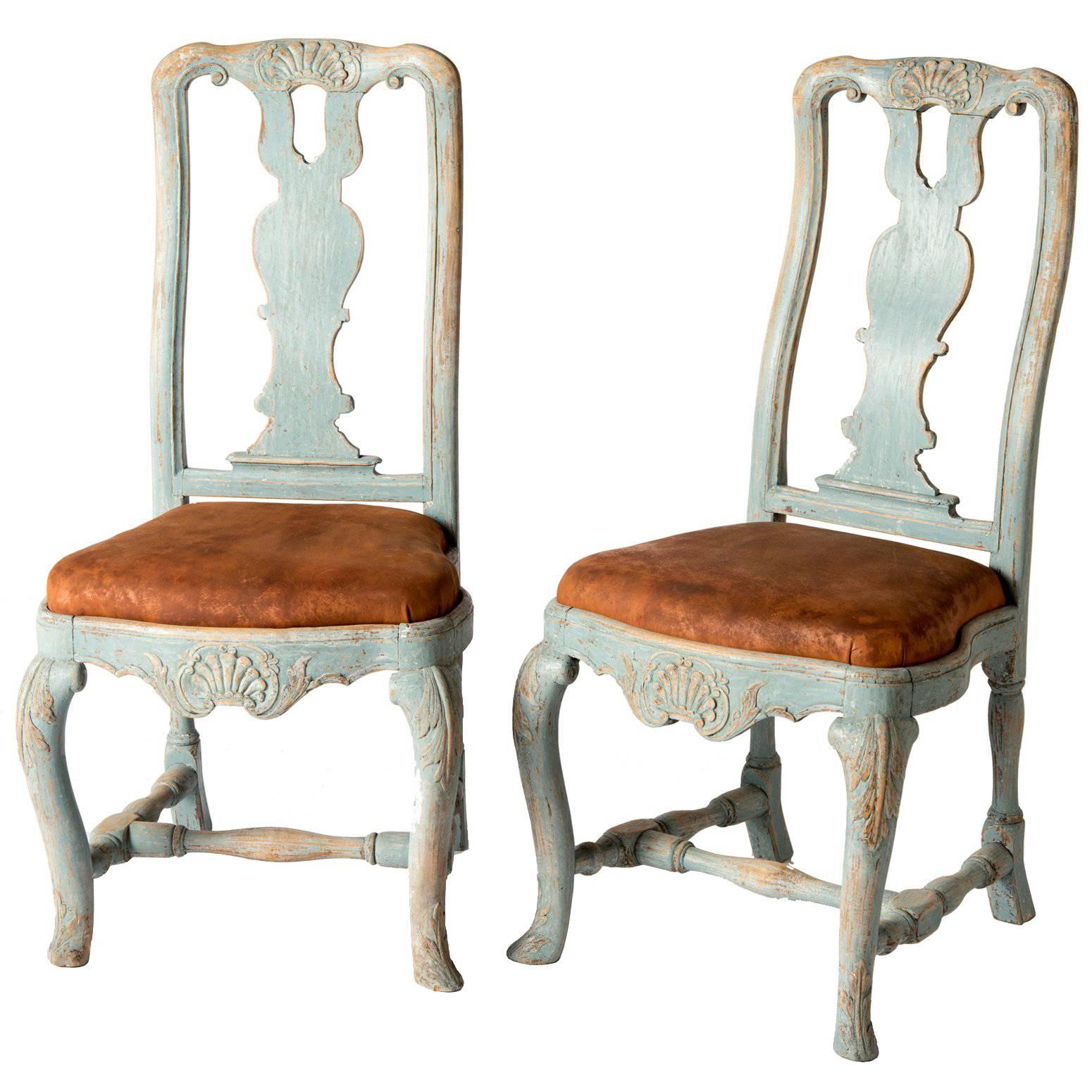 Pair of Early Blue Painted Rococo Side Chairs, circa 1750 For Sale
