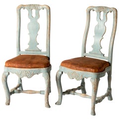 Pair of Early Blue Painted Rococo Side Chairs, circa 1750