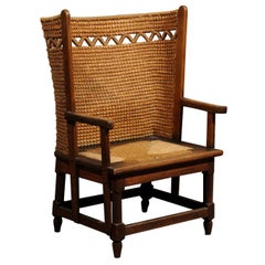 Antique 19th Century Scottish Orkney Chair with Handwoven Straw Back and Zigzag Patterns