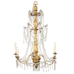 Tall Italian 1850s Chandelier with Giltwood Column and Waterfall Crystals