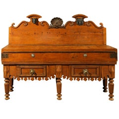 Large-Scale French Butcher's Table with Mounted Iron Motifs and Two Drawers