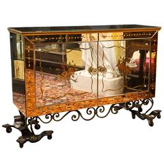 Painted Mirrored Cabinet on Wrought Iron Base