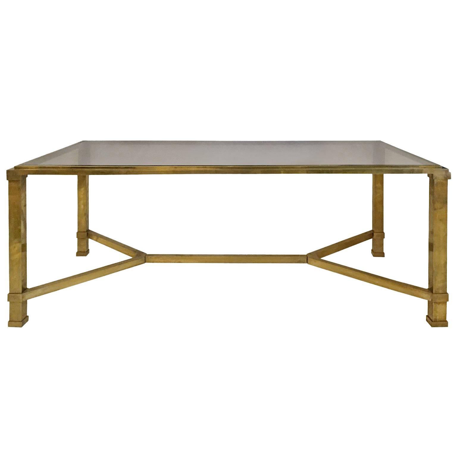 1970s French Bronze Coffee Table with Stretcher and Smoked Glass Top