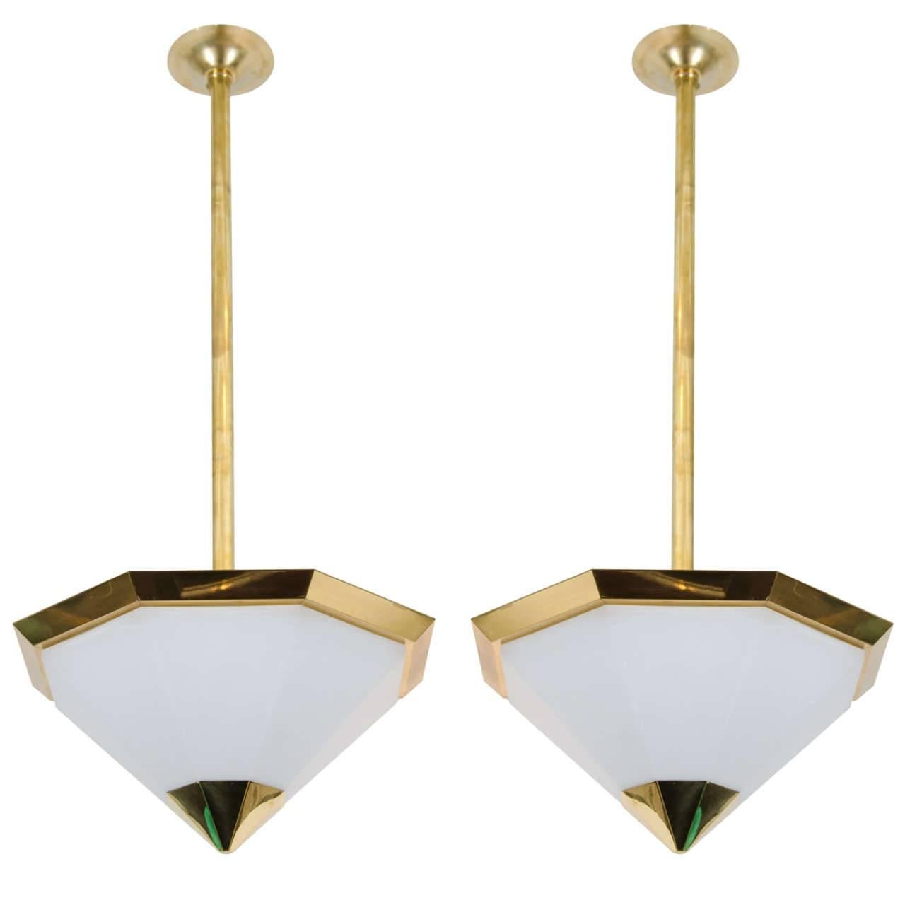 Pair of Octagonal Brass and Frosted Glass Pendant Light Fixtures, Germany, 1970s