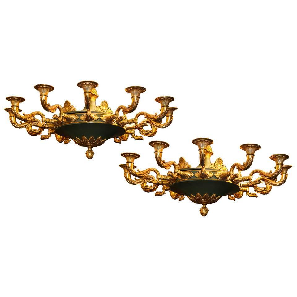 Matched Pair of French Empire Style Two-Tone Bronze Twelve-Light Chandeliers