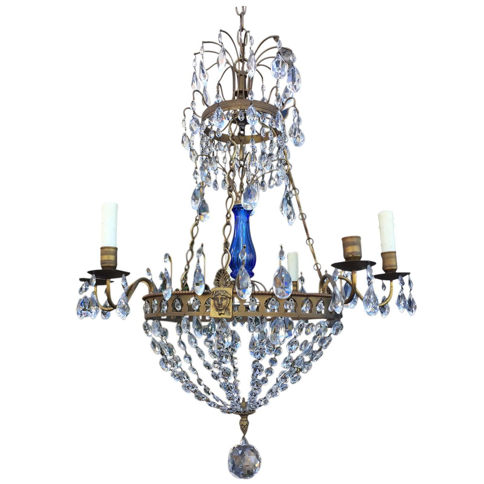 Early 20th Century Empire Style Bronze and Crystal Chandelier with Cobalt Blue