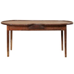 Antique Spanish 19th Century Oval Wood Gaming Table with Drawer and Nice Patina