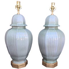 Pair of 20th Century Glazed Celadon Ginger Jars as Lamps, with Giltwood Bases