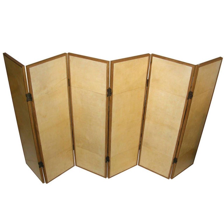 Oak and Original Parchment Screen, circa 1940 at 1stDibs