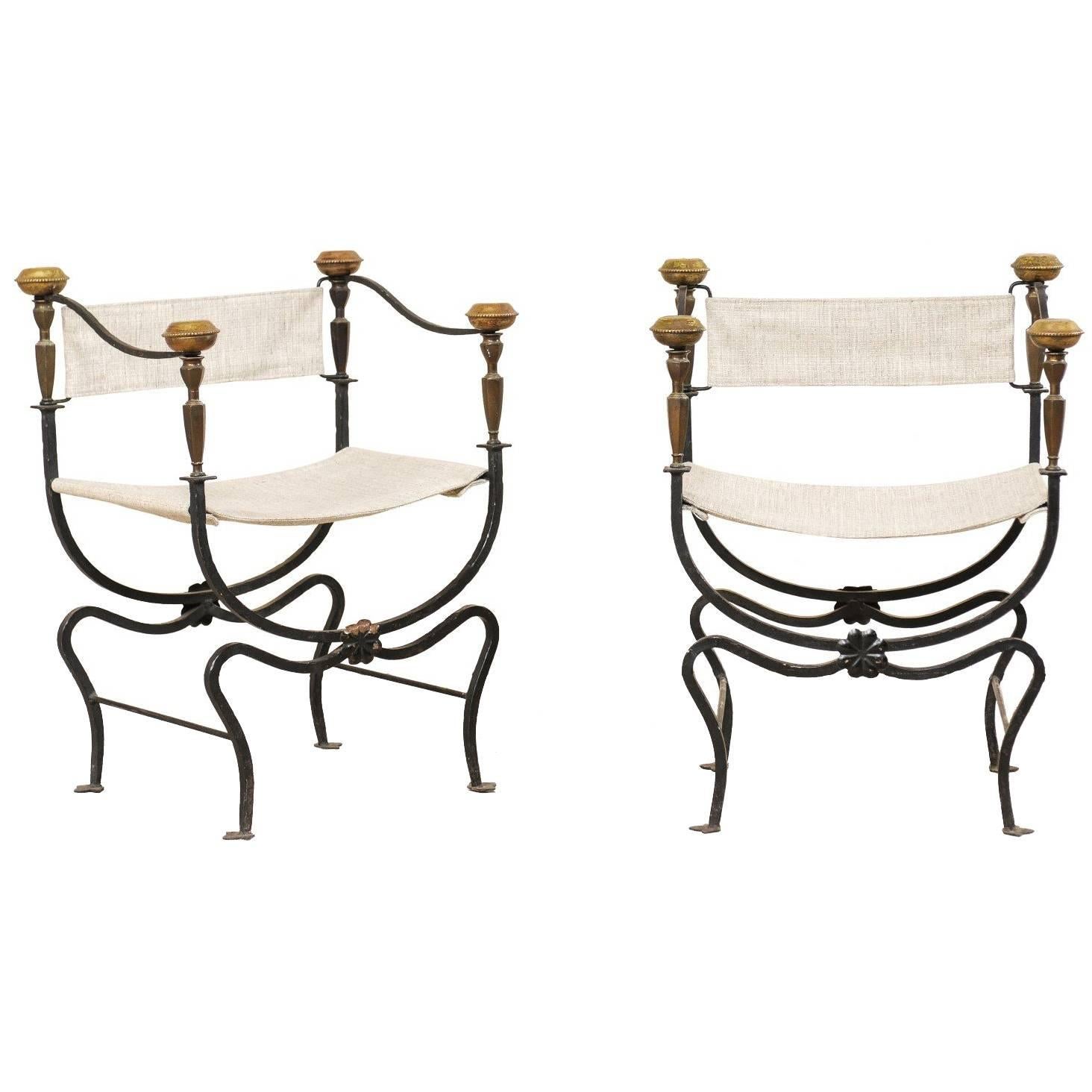 Pair of Italian Curule Savonarola Chairs from the Early 20th Century