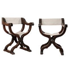 Pair of Italian X-Framed Dante Style Chairs in Rich Wood, Upholstered in Linen