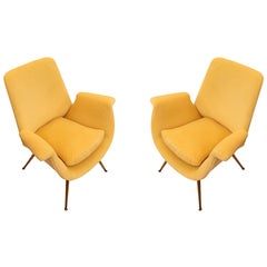 Pair of Canary Velvet Armchairs, Italy, 1960s