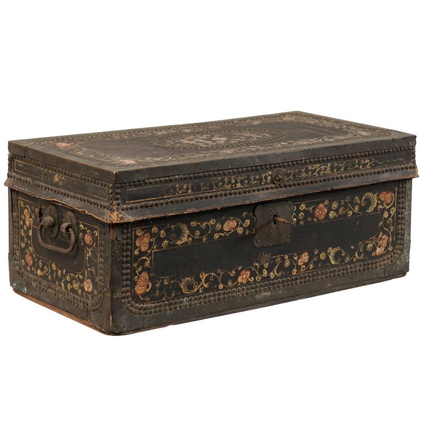 19th Century Chinese Camphor Wood and Leather Trunk with Hand-Painted Flowers