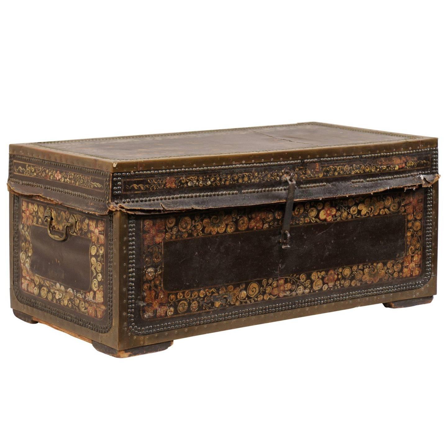 19th Century Chinese Wood and Hand Painted Leather Trunk with Nail Head Accents