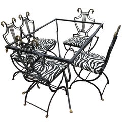 Art Deco Italian Wrought Iron Lyre Swan Set 5 Dining Chairs & Table by Copelon