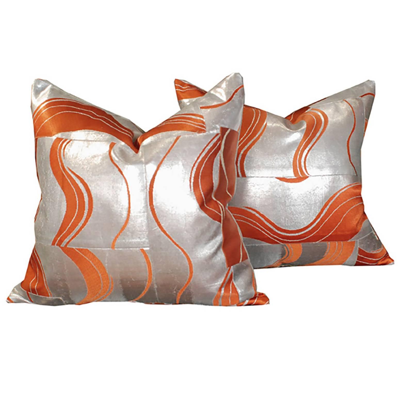 Pair of Japanese Obi Pillows in Silver and Orange