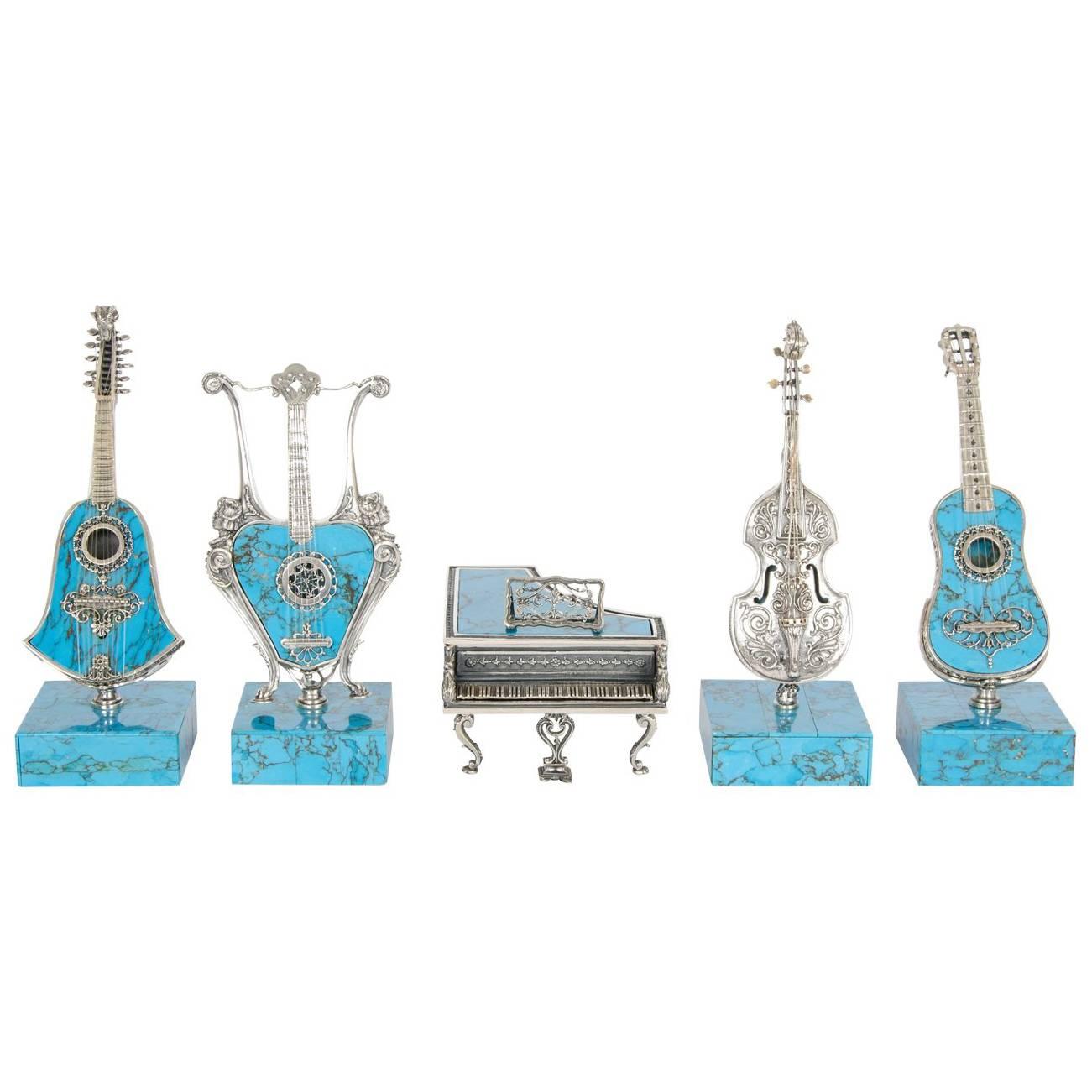 Set of Five Antique Viennese Miniature Silver and Turquoise Instruments