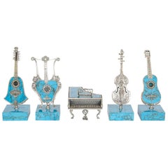 Set of Five Antique Viennese Miniature Silver and Turquoise Instruments