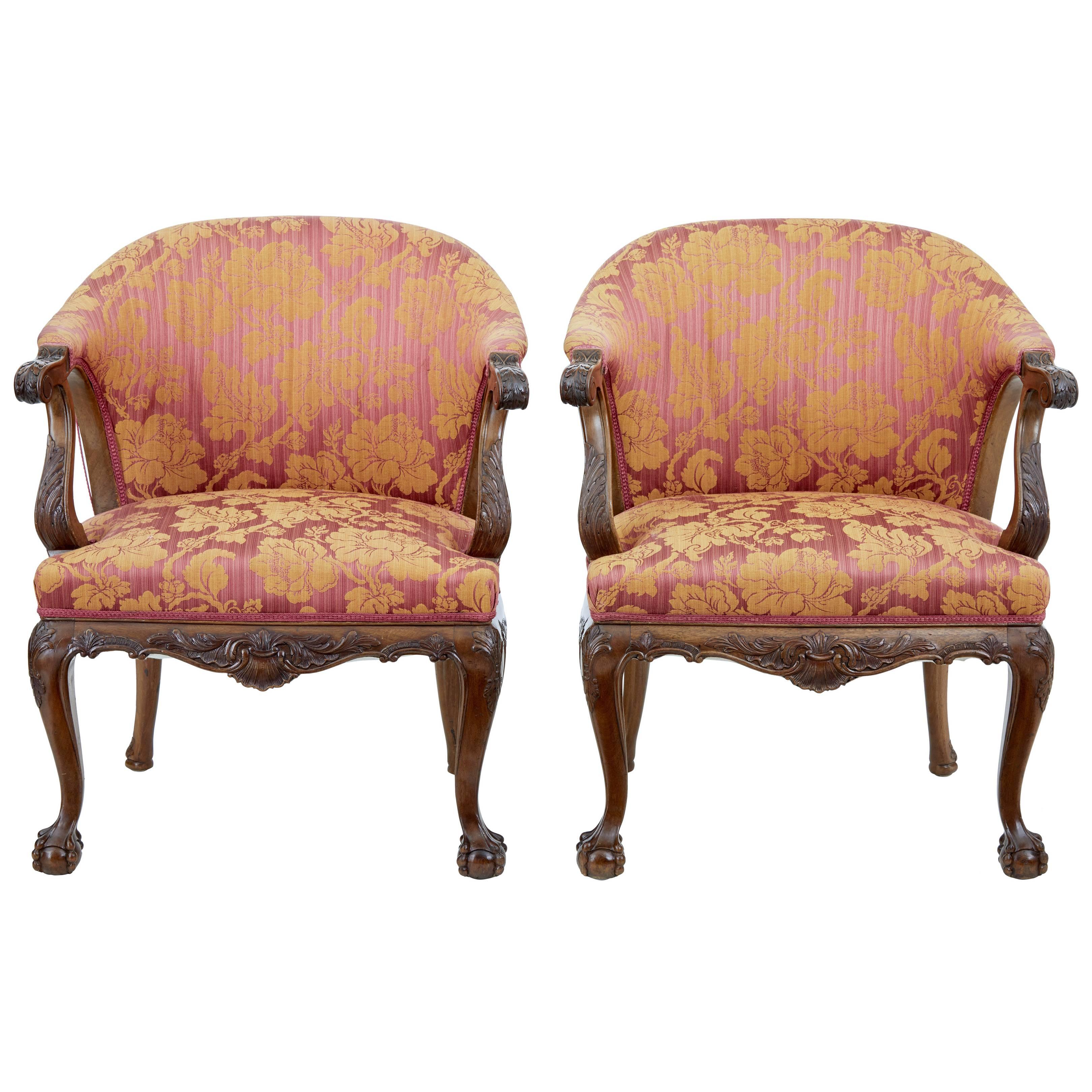 Pair of Early 20th Century Carved Walnut Club Chairs