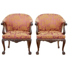 Pair of Early 20th Century Carved Walnut Club Chairs