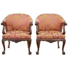 Pair of Early 20th Century Carved Walnut Club Chairs