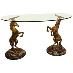 Unusual 1970s Console Table with the Brass Horses, Italy