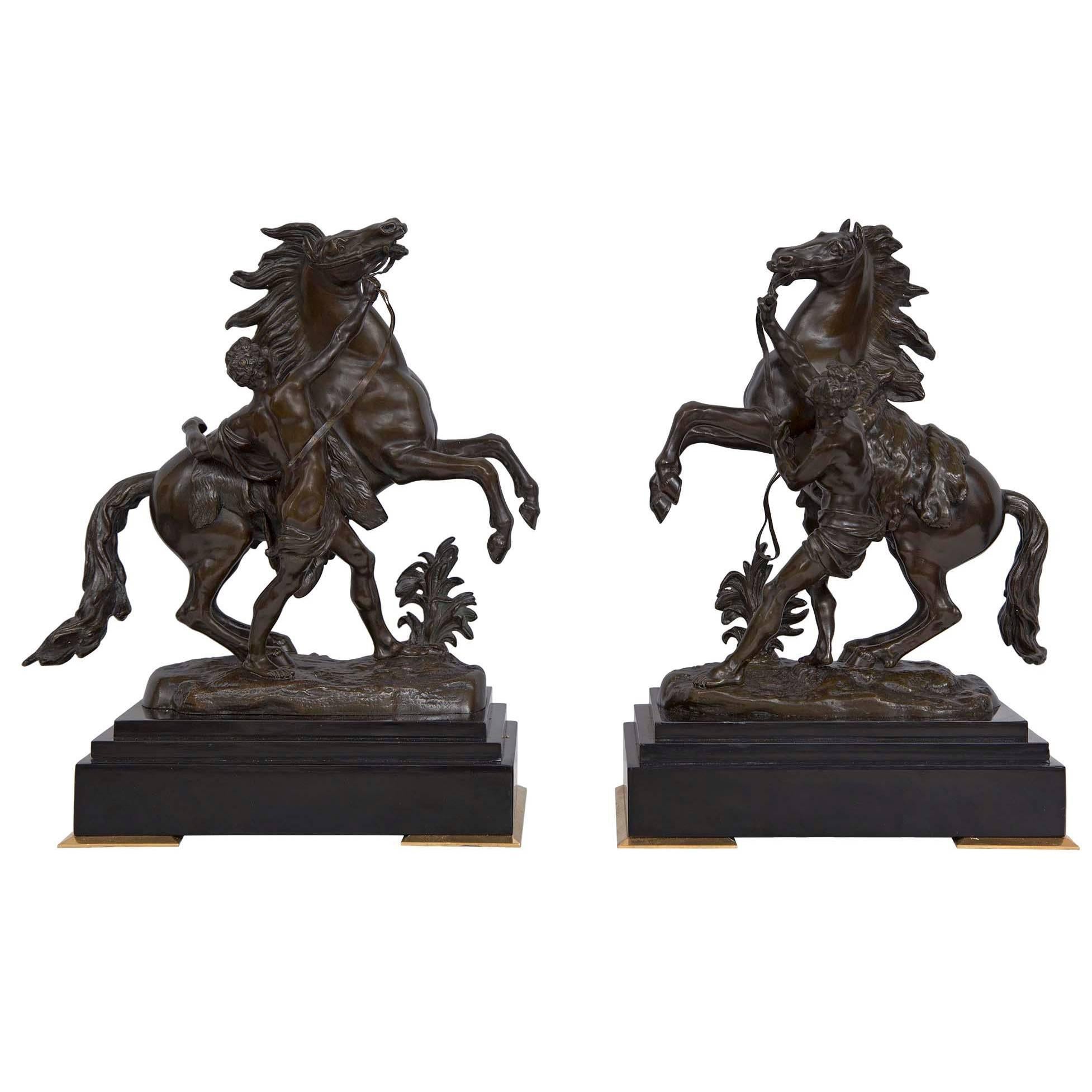 True Pair of French 19th Century Patinated Bronze Marly Horses