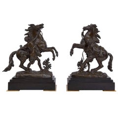 Antique True Pair of French 19th Century Patinated Bronze Marly Horses