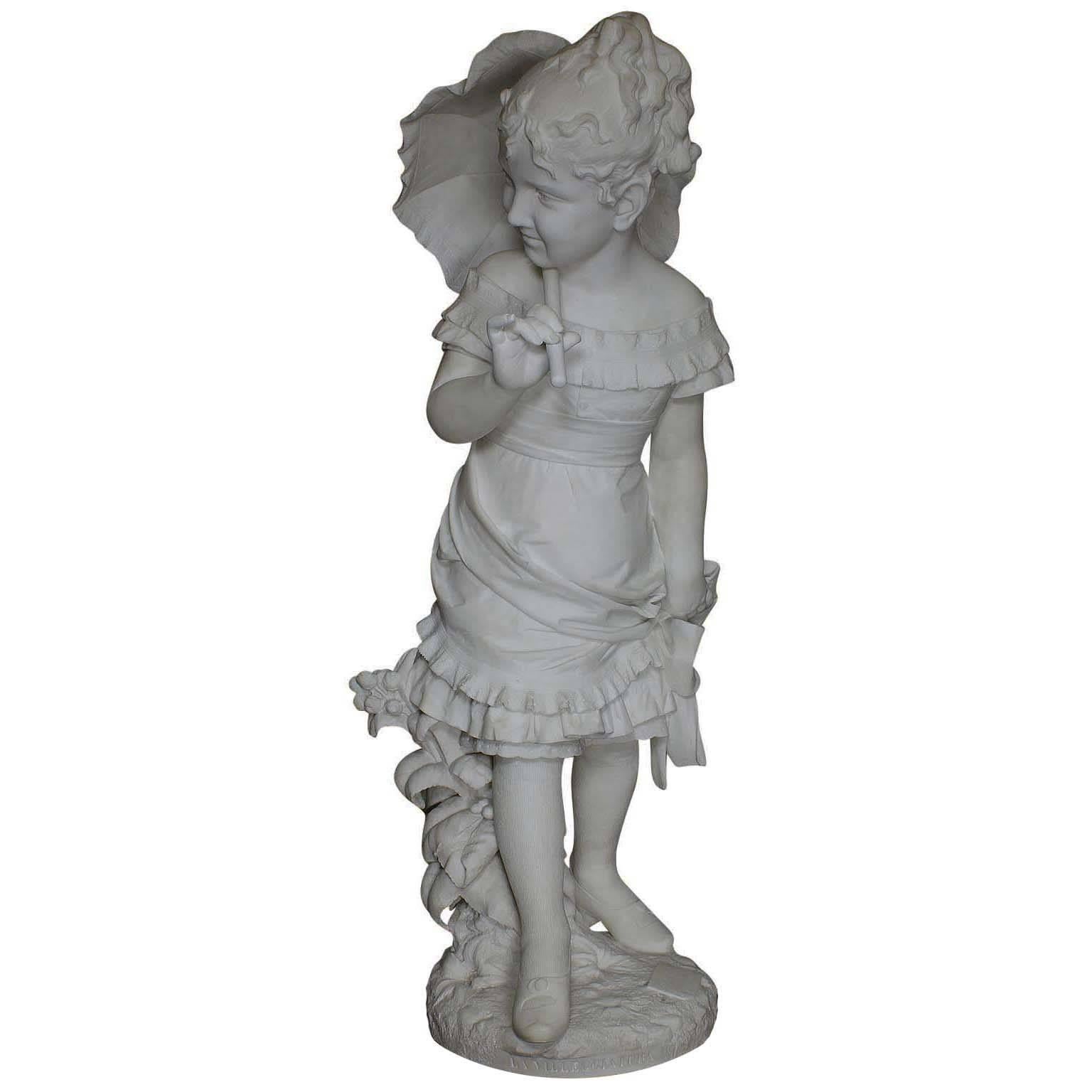 Italian 19th Century Carrara Marble Figure "La Villeggiatura" Girl with Parasol