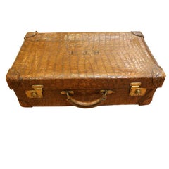 Vintage Big Crocodile Suitcase, Brown Leather, Metal Decoration, England, 1930