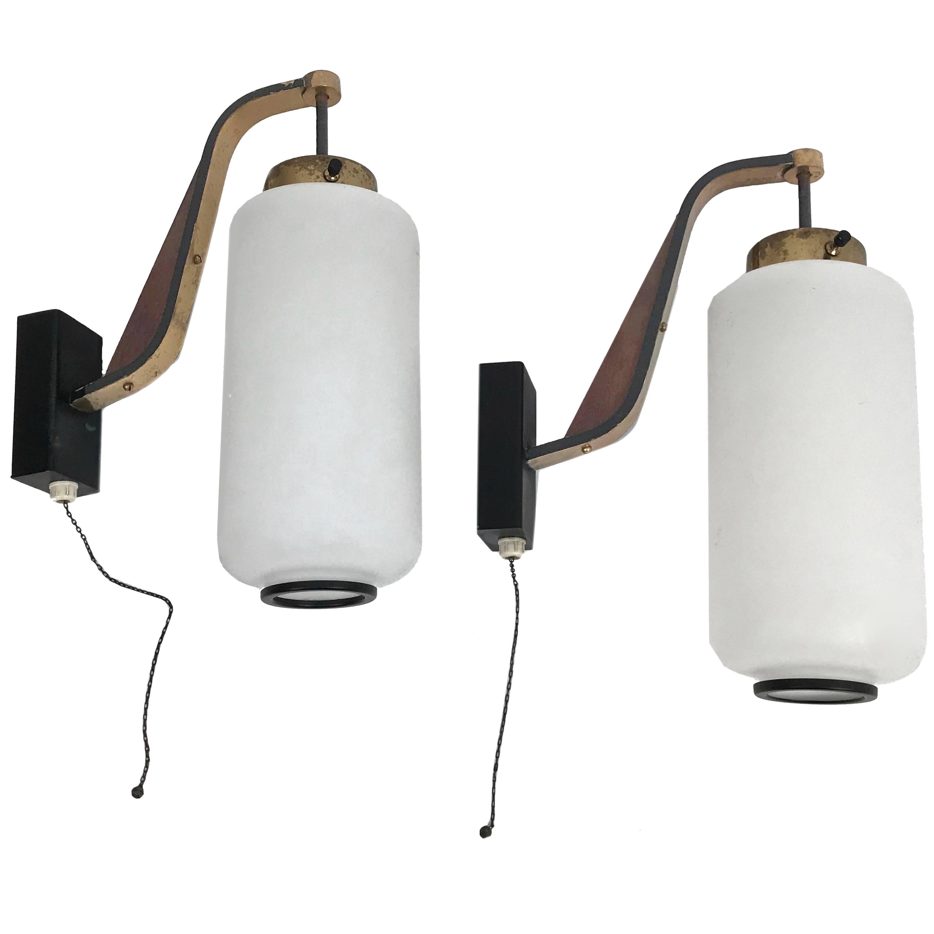 Italian Sconces Pair of Opaline Glass, Teak and Enamelled Brass Stilnovo, 1950s