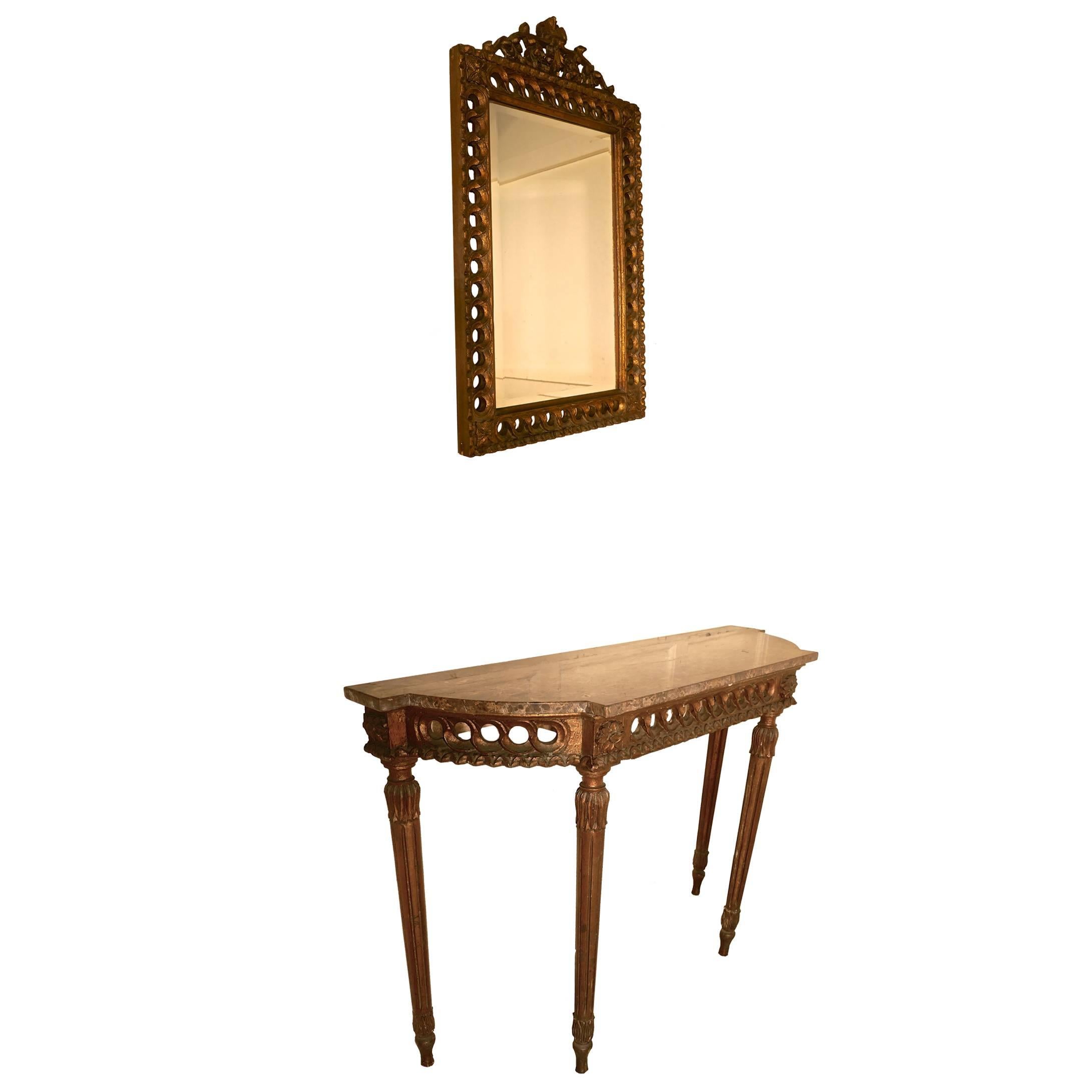 Charming, Carved French Gilt Console or Hall Table with Matching Mirror